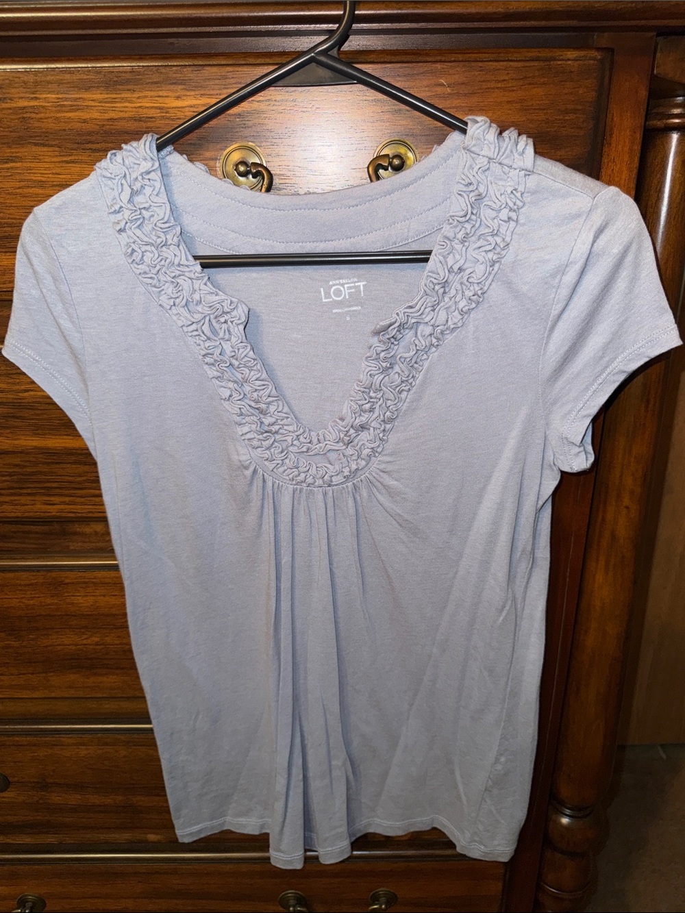LOFT Grey Ruffled V-Neck Short Sleeve Tee